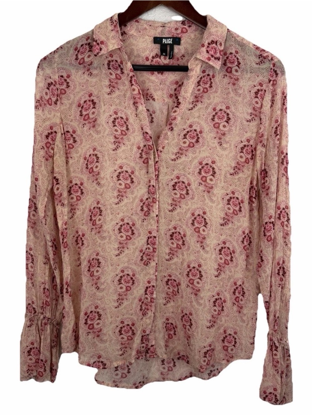 PAIGE | Abriana Pink Floral Crinkle Silk Sheer Button Top